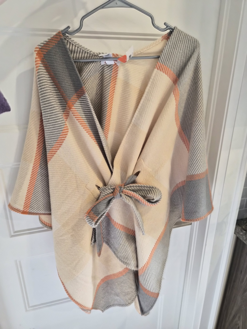 Joe Fresh Cream, Gray & Orange Plaid Wrap Poncho